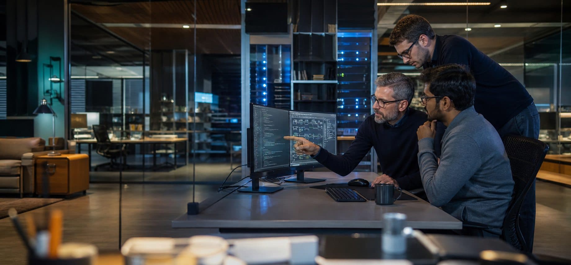 Support engineers reviewing incoming website requests in an operations room