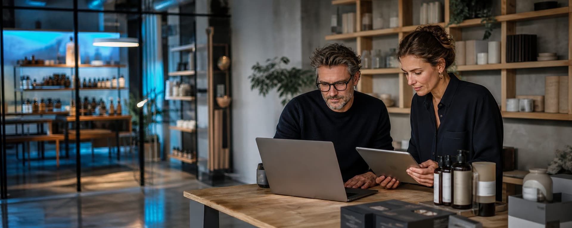 Developer and agency partner reviewing a WooCommerce store on a laptop and tablet