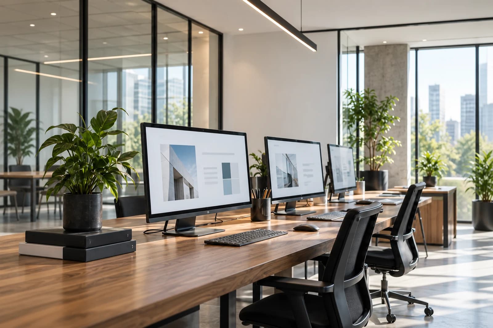 A contemporary digital studio with website designs displayed across a shared workspace