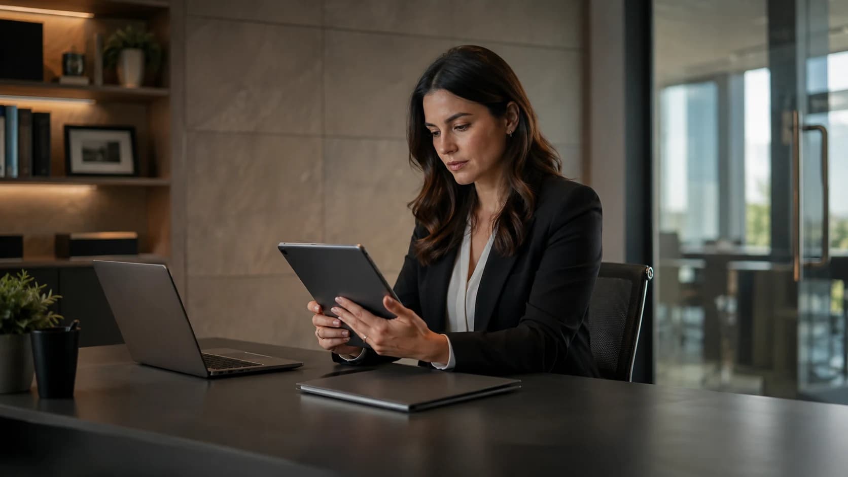 Account manager reviewing a tablet at a client-service desk