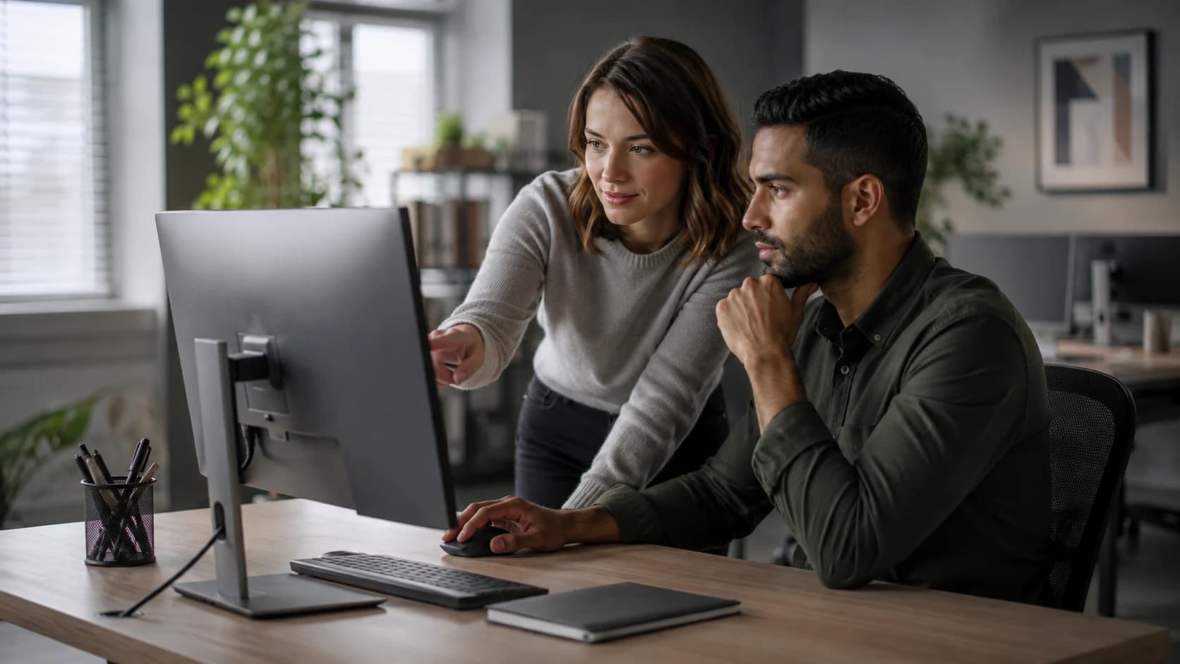 Sales and marketing colleagues reviewing information at a workstation