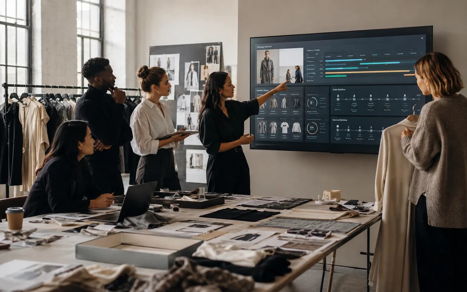 Fashion commerce team reviewing campaign, inventory and returns operations