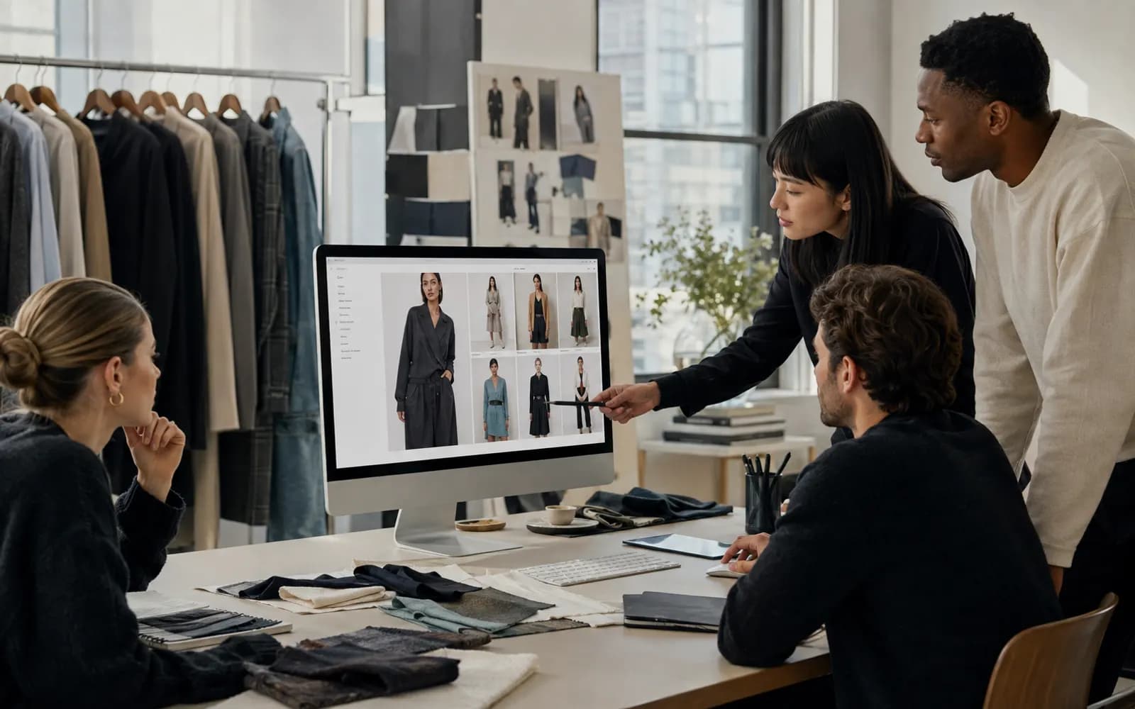 Fashion brand team reviewing an online collection and merchandising plan