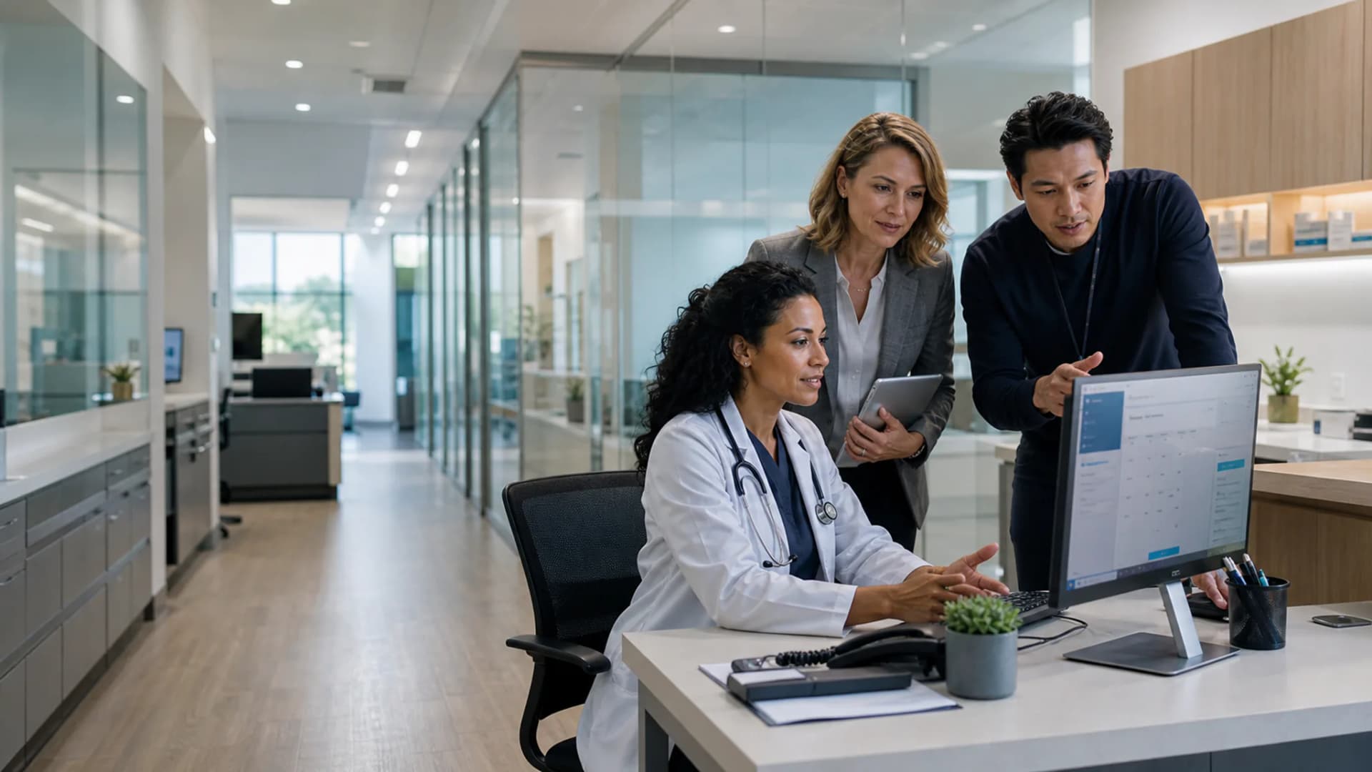 A clinician and healthcare operations team reviewing a patient access and scheduling experience in a modern clinic