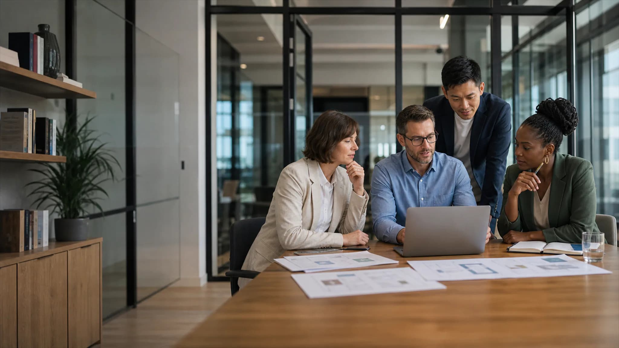 A professional services team reviewing a client website and project plan in a contemporary meeting room