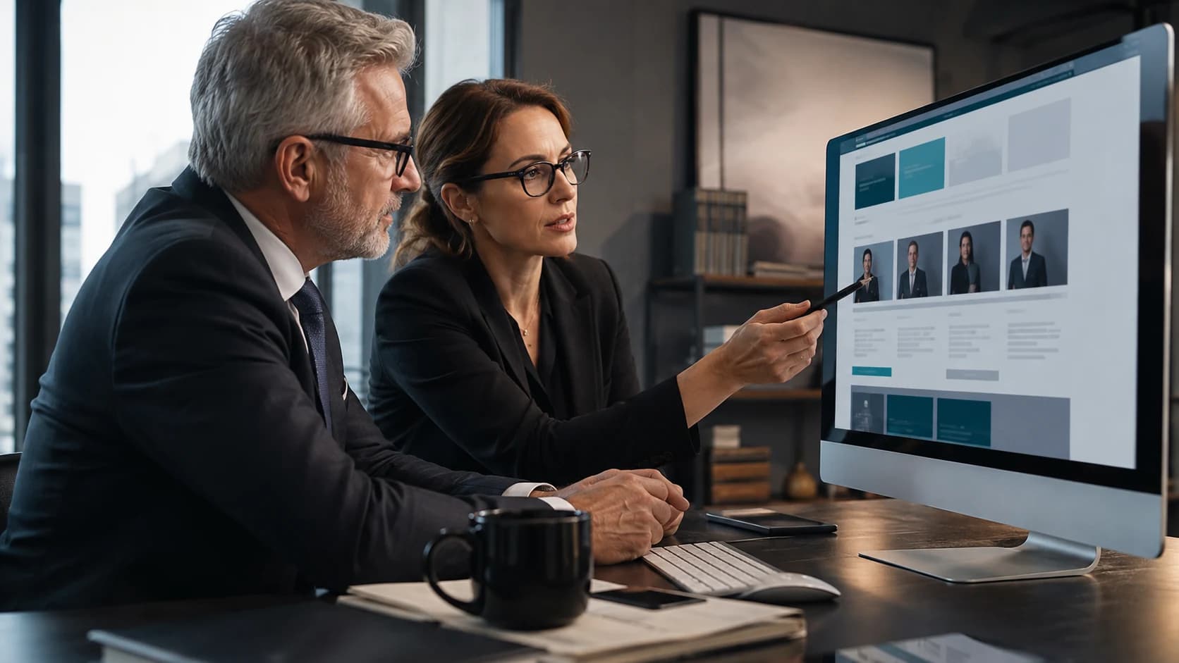 Attorneys reviewing practice area and profile layouts on a desktop screen