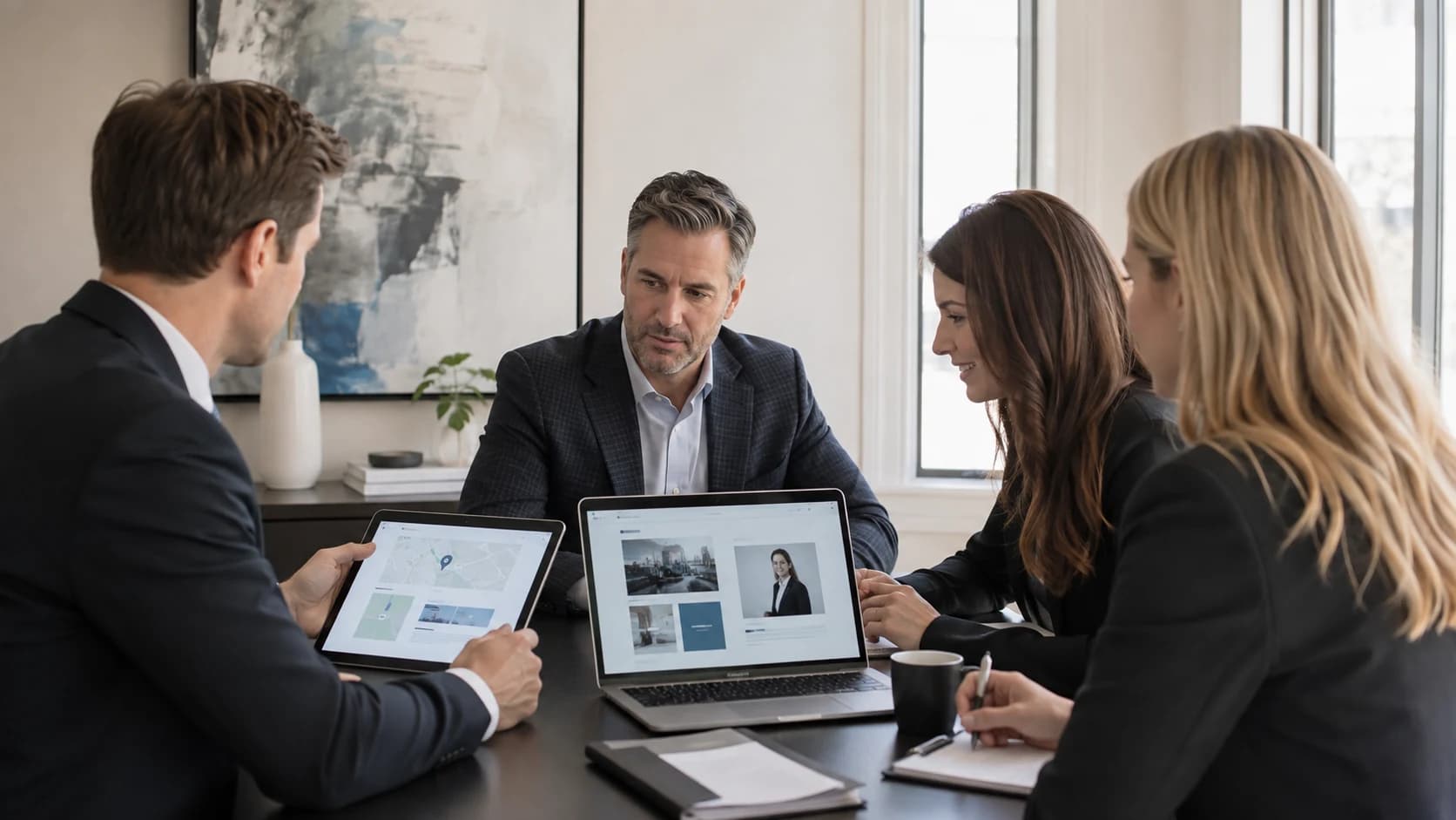 Legal team reviewing attorney profiles and office location content