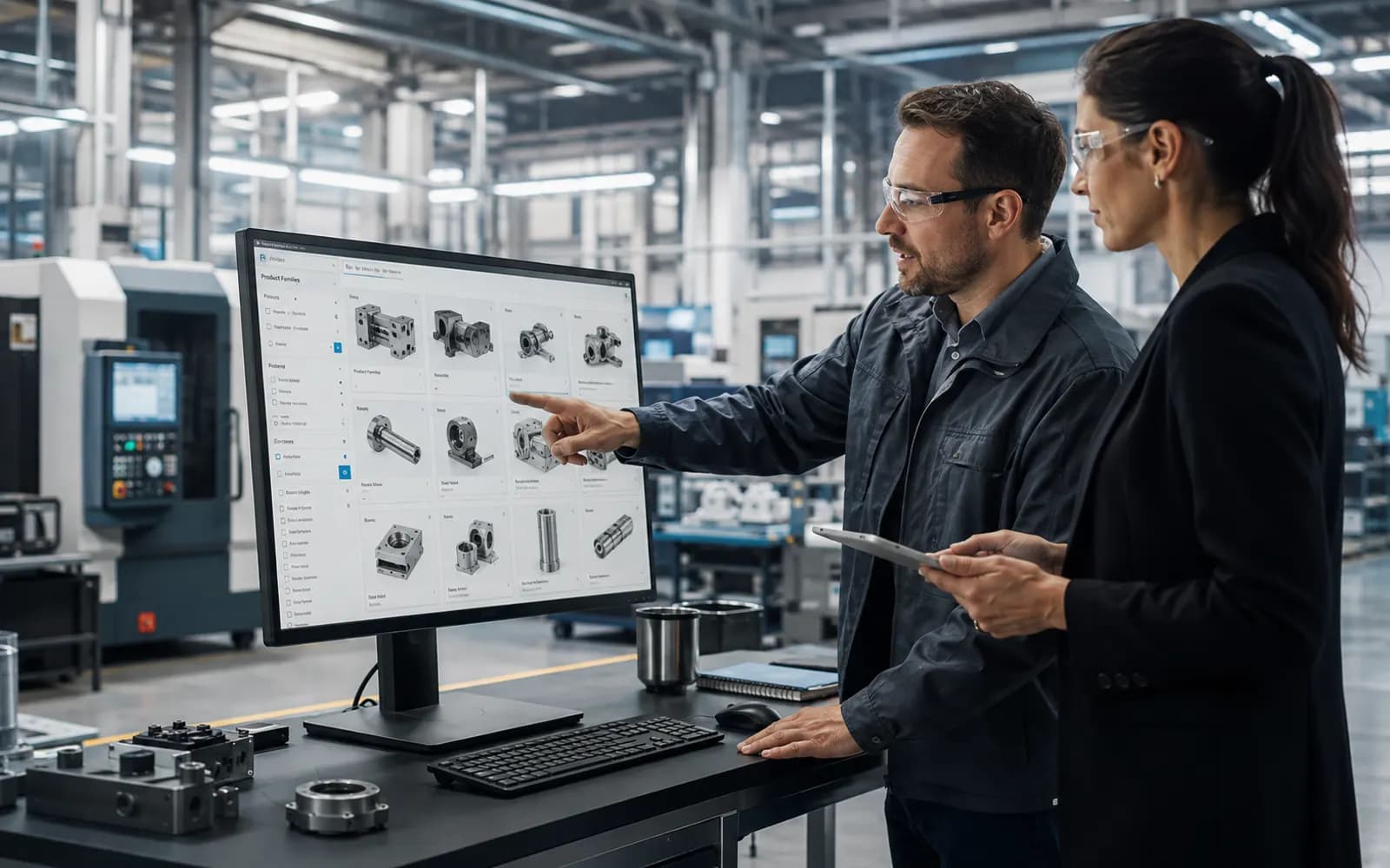 Manufacturing specialists reviewing an industrial capability catalog