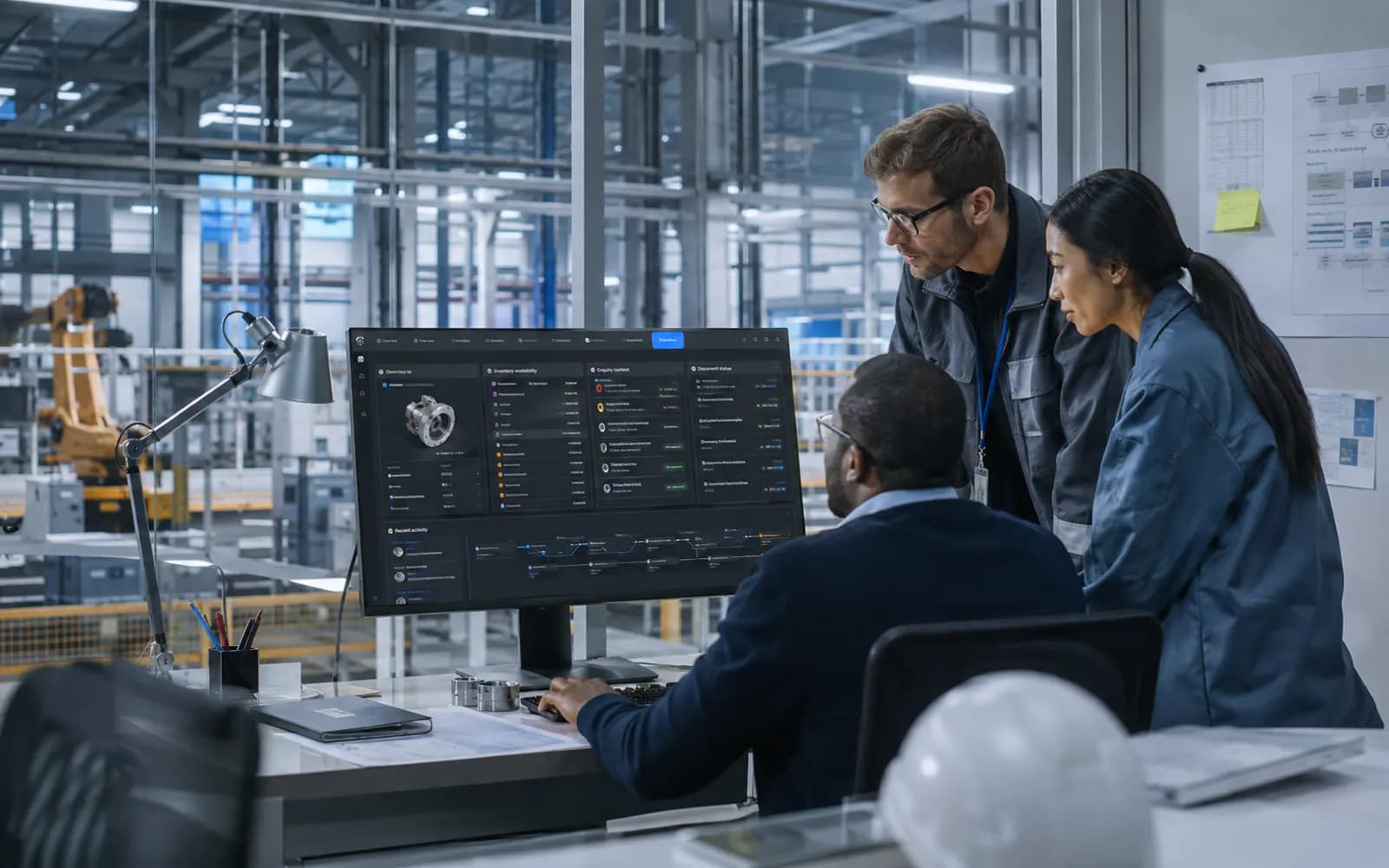 Industrial operations team reviewing connected product and enquiry systems