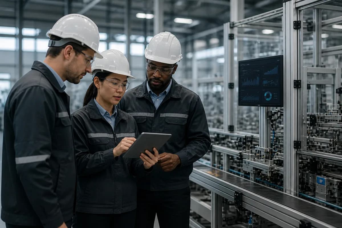 Manufacturing engineers reviewing production data beside an automated line