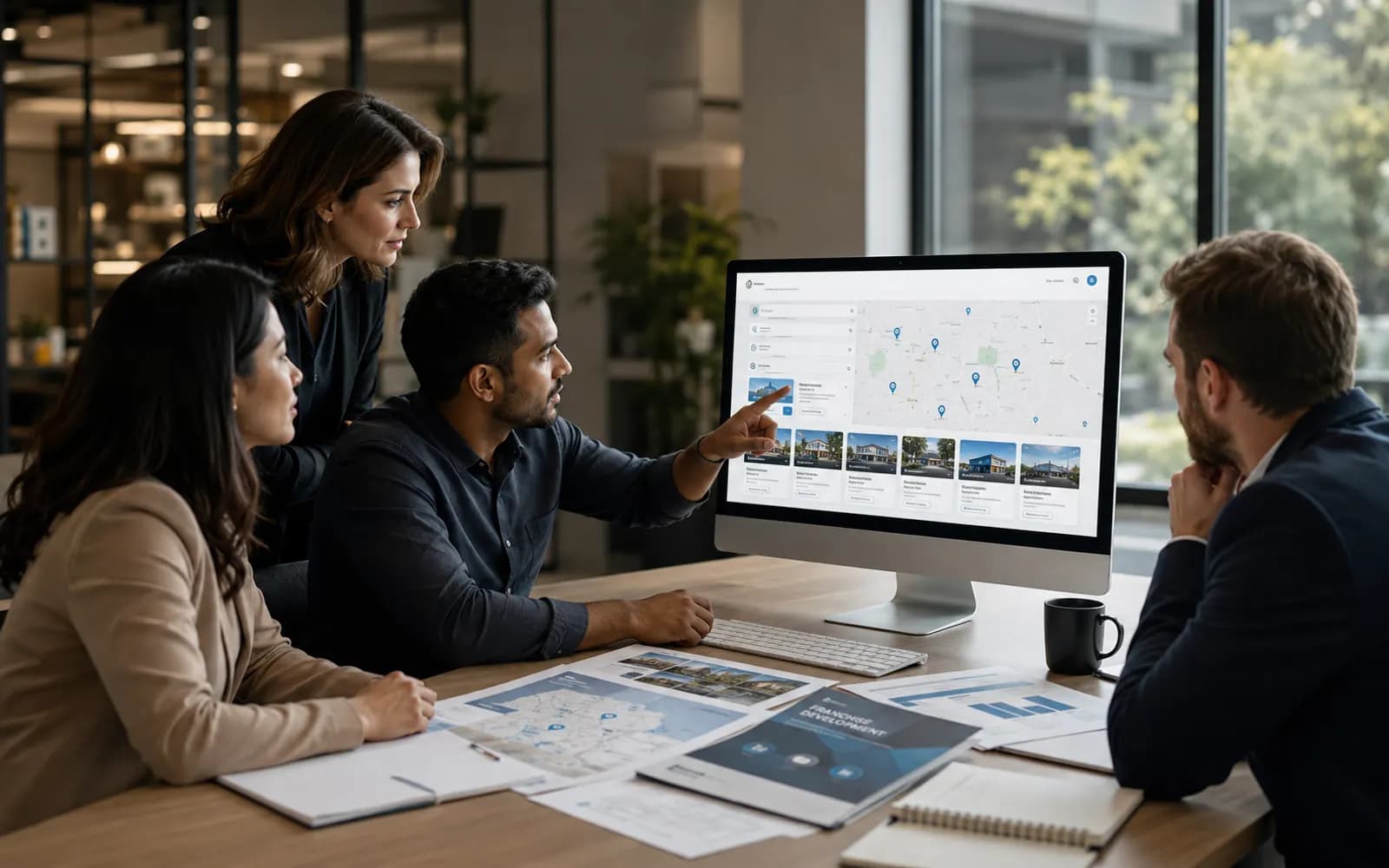 Franchise operations team reviewing a website location finder
