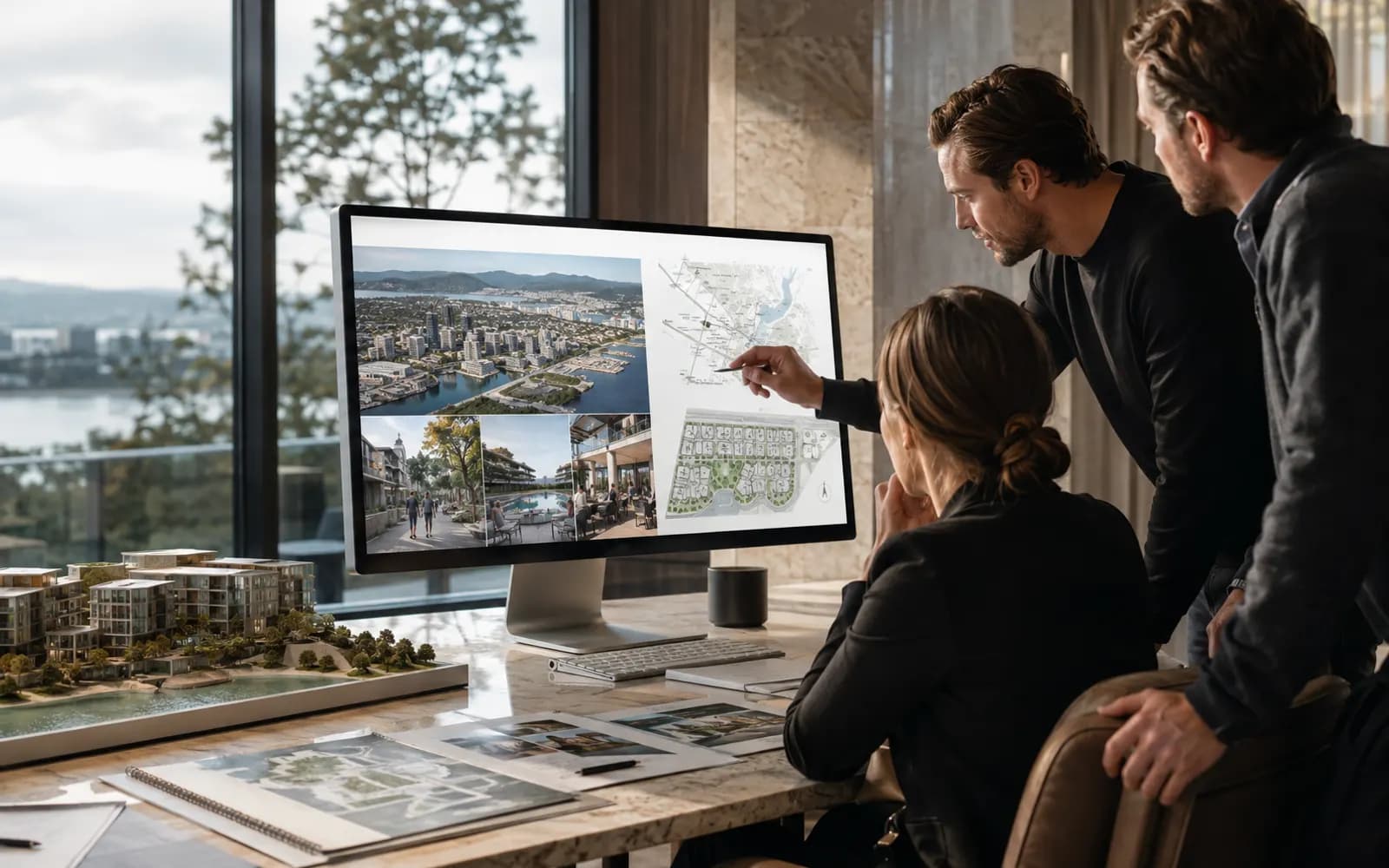 Property development team reviewing project imagery and location context