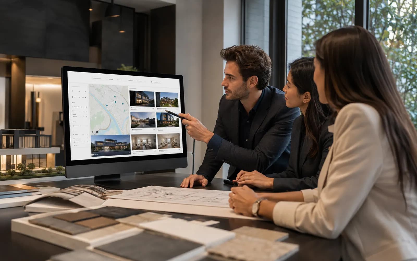 Property team reviewing a map-led real estate discovery website