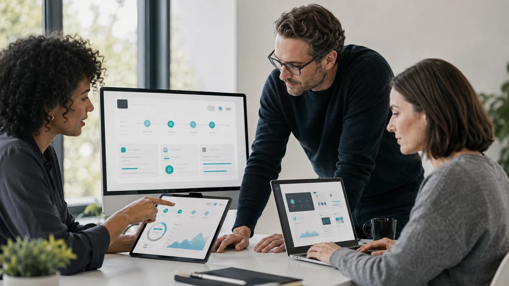 SaaS team reviewing an onboarding journey across desktop and tablet