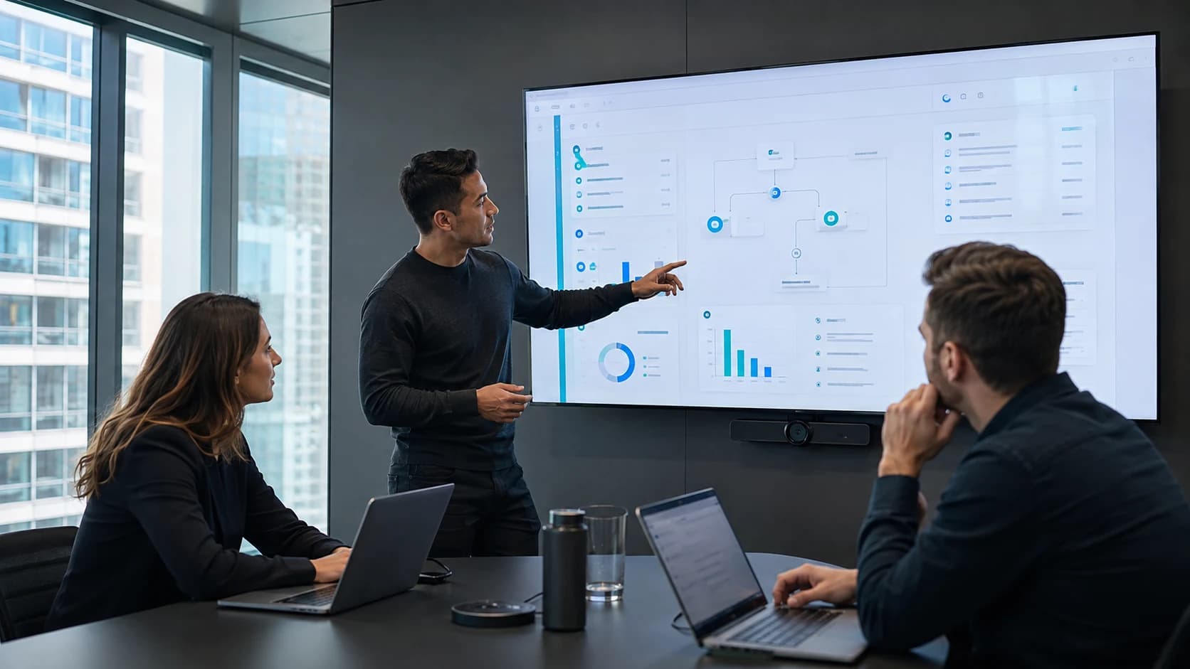 Software team presenting a SaaS product workflow in a meeting room
