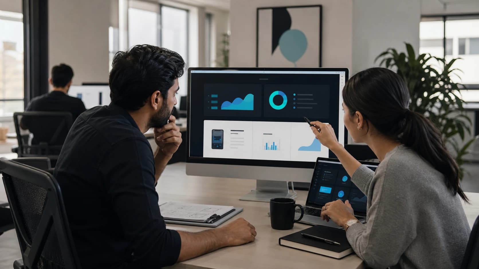 SaaS product team reviewing a software website and analytics interface