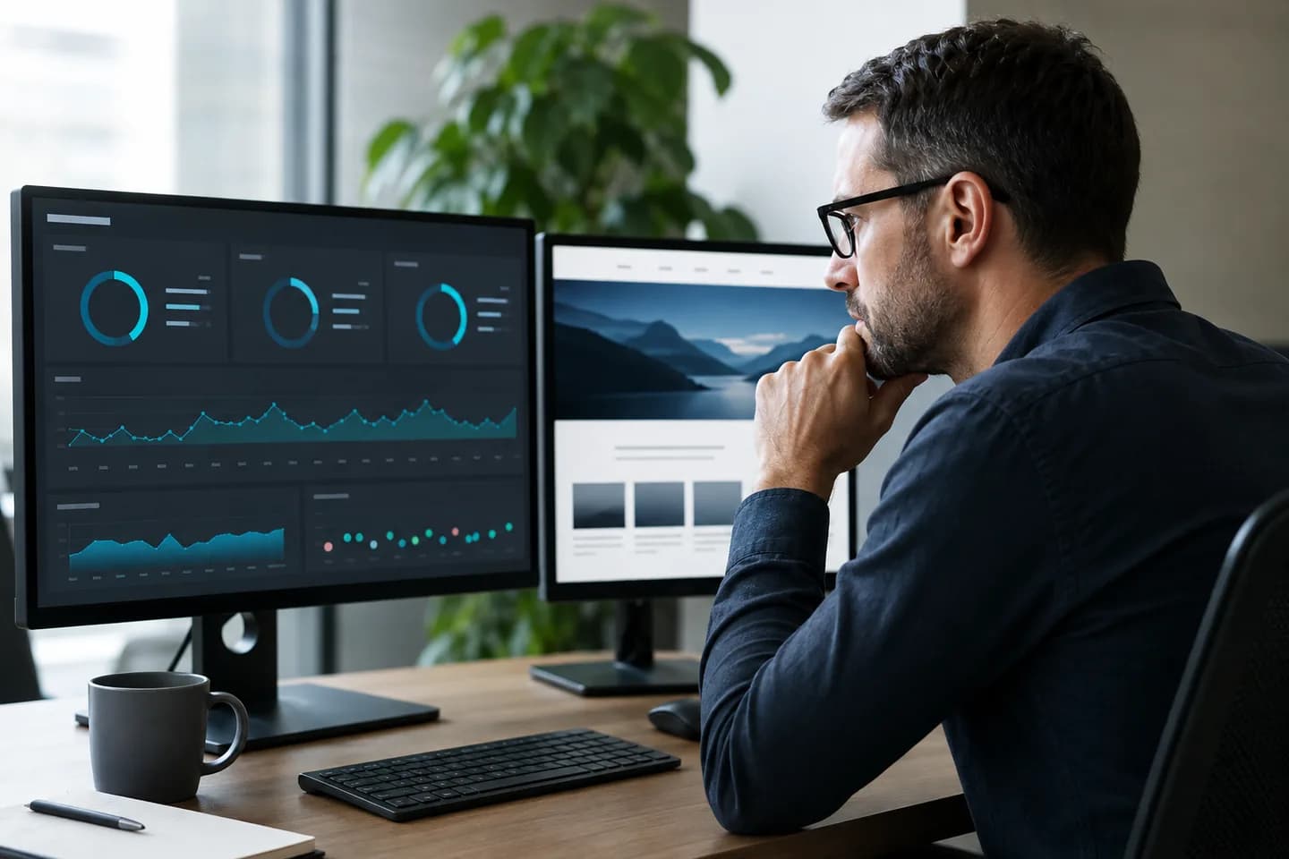 Engineer reviewing website monitoring dashboards after a planned update