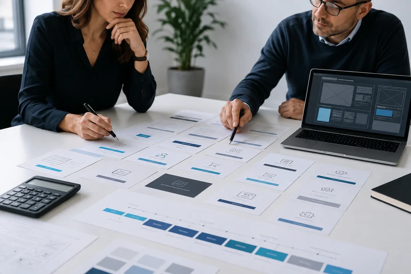 Business owner and web specialist comparing website care plan options