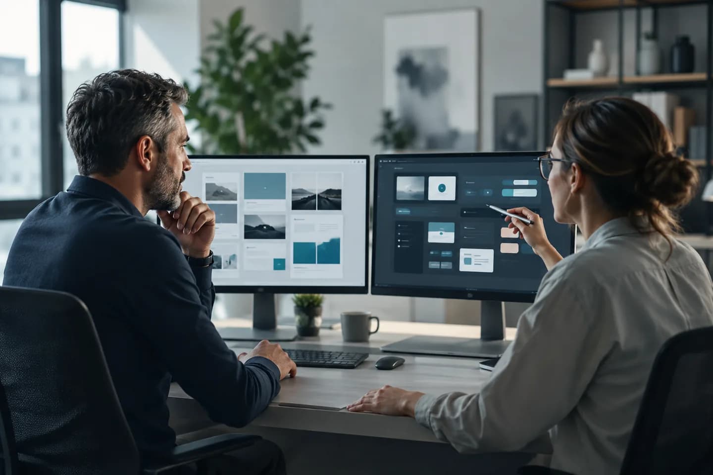 Designer and marketer comparing two landing page layouts side by side