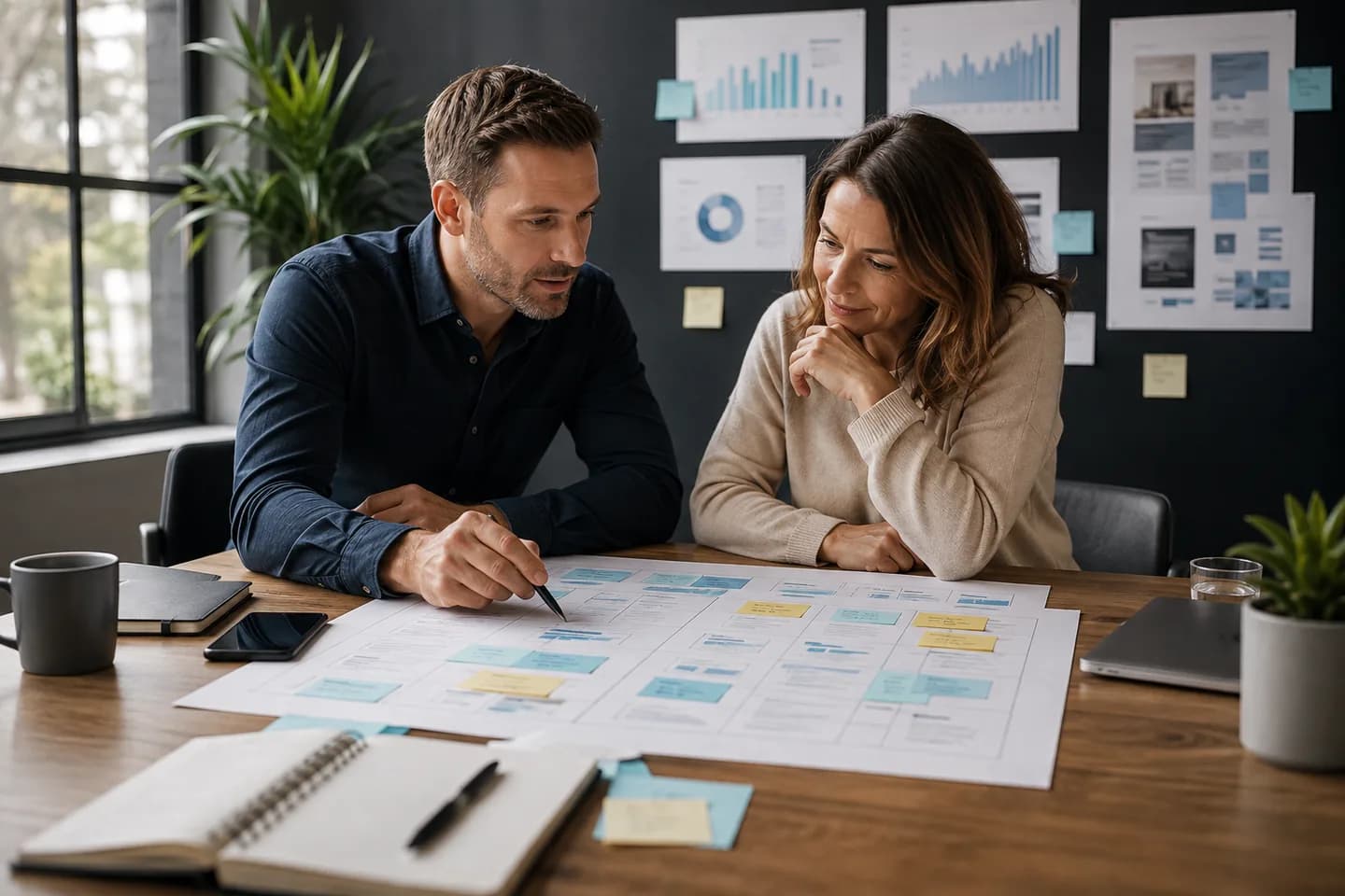 SEO strategist and business owner planning keyword and content priorities at a shared table