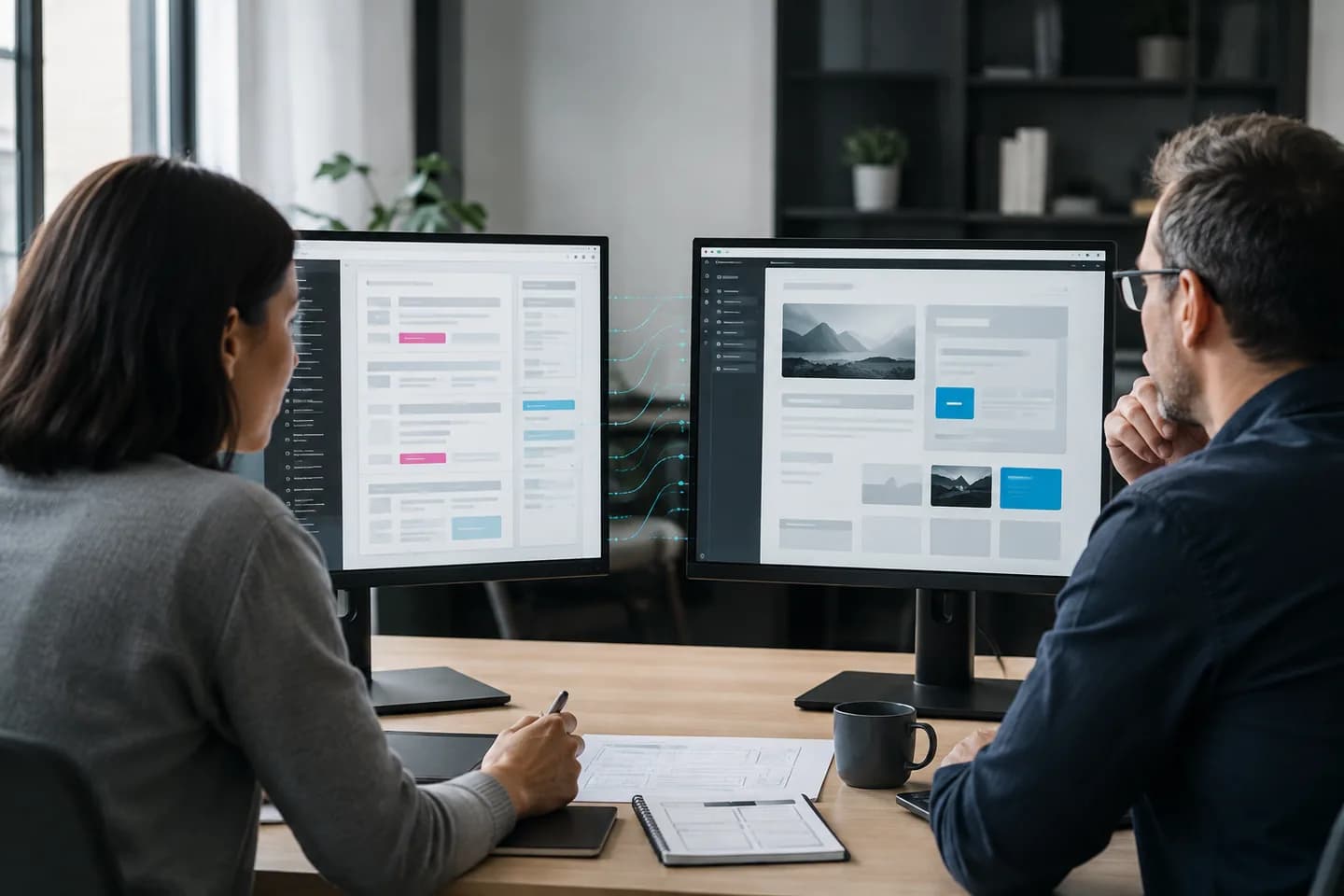 Designer comparing an original website layout with its WordPress rebuild