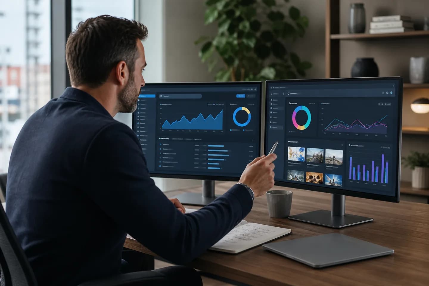 Analyst reviewing SEO traffic and ranking dashboards across two monitors
