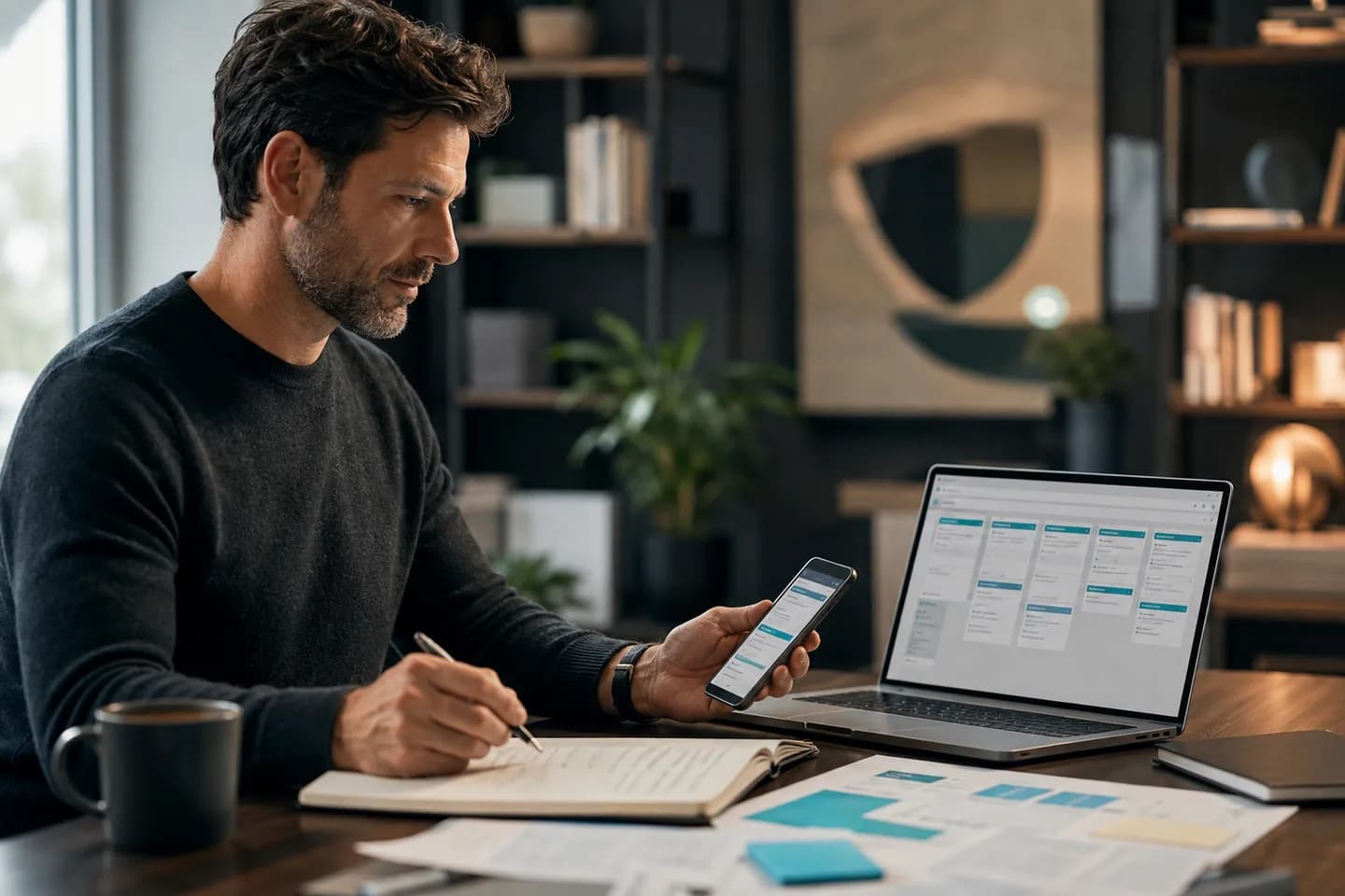 Content specialist planning articles and page updates on a laptop and phone