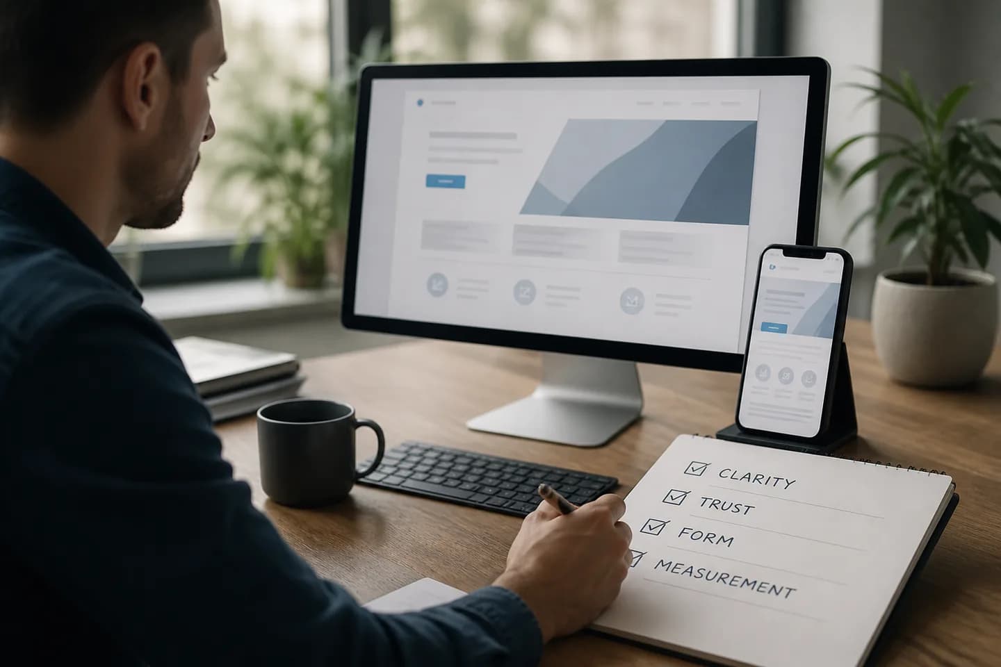 Marketer checking a landing page layout on desktop and mobile against a conversion checklist