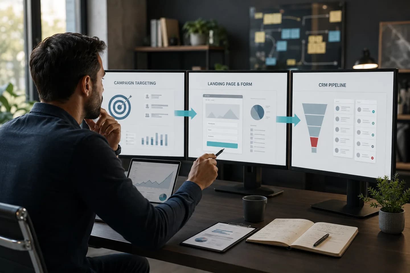 Marketing specialist reviewing an ad to landing page to CRM funnel across three screens