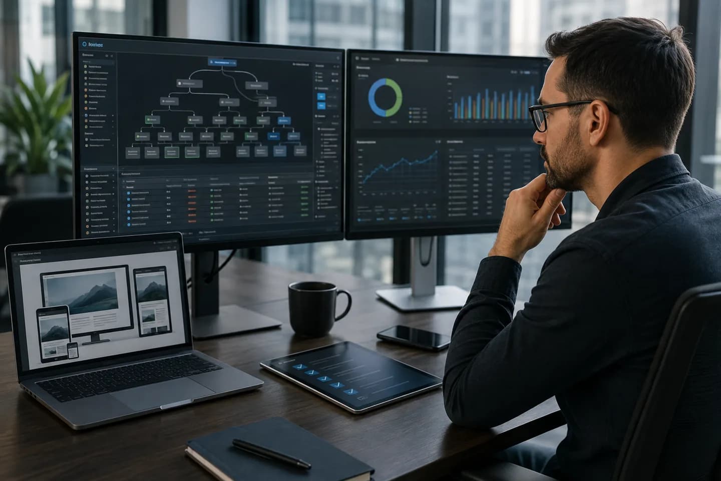 Security engineer reviewing malware scan results on multiple monitors
