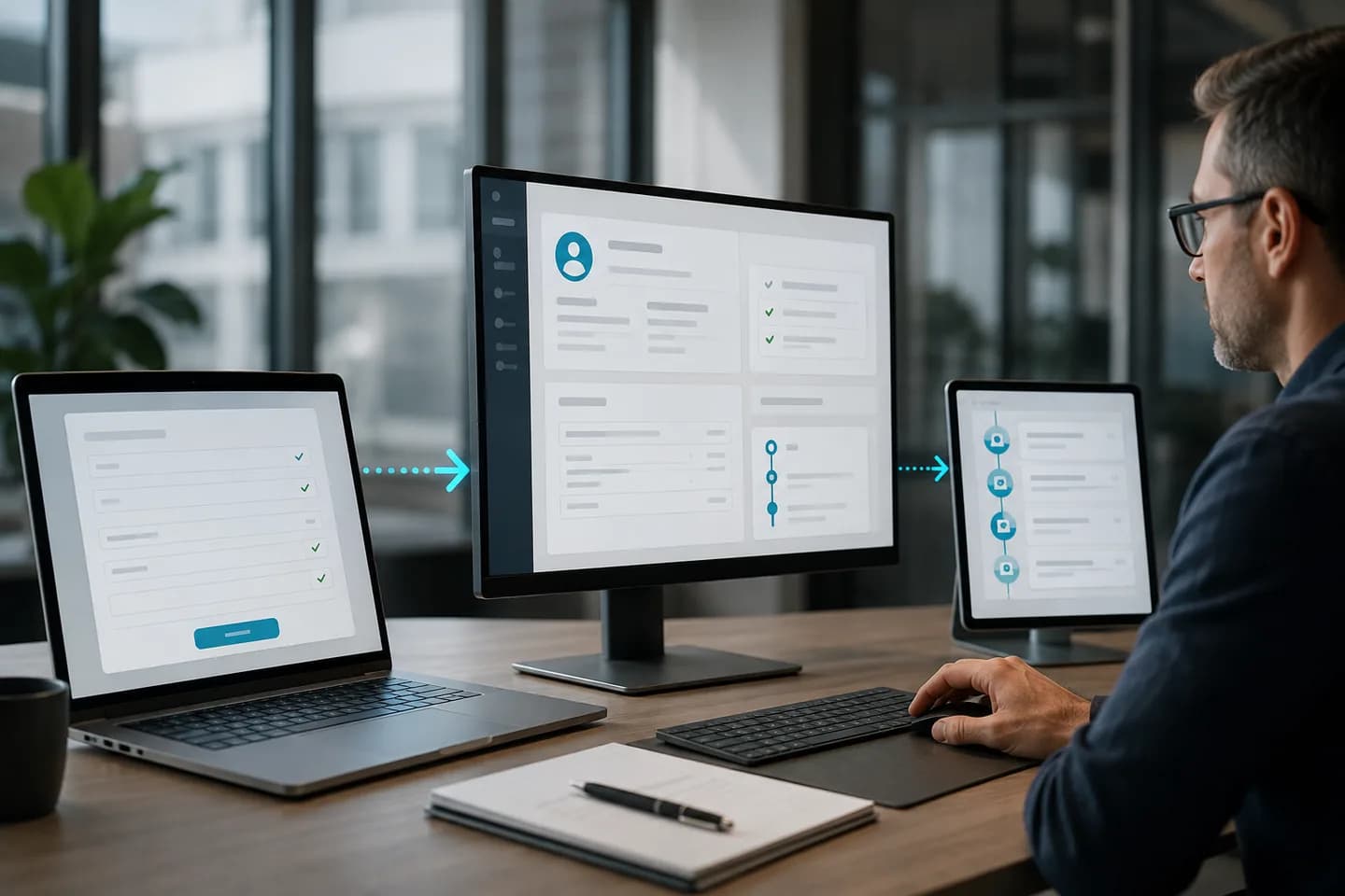 Security specialist checking WordPress scan results across connected screens