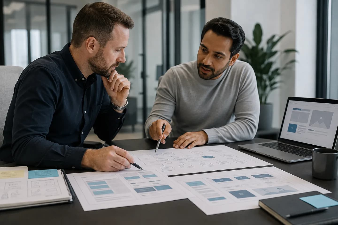 Agency designer and design partner reviewing printed website wireframes