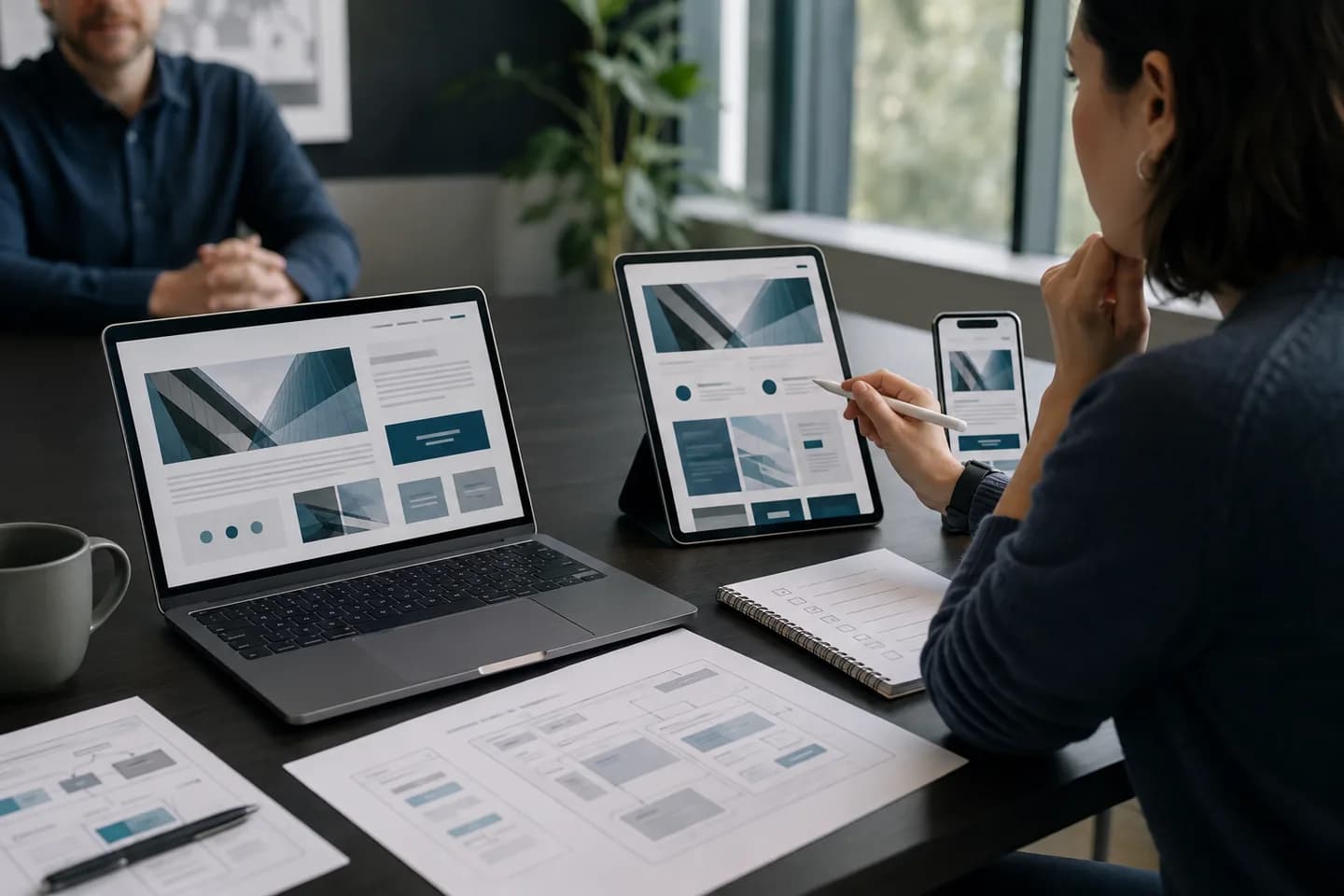Support specialist checking a client website across laptop, tablet and phone