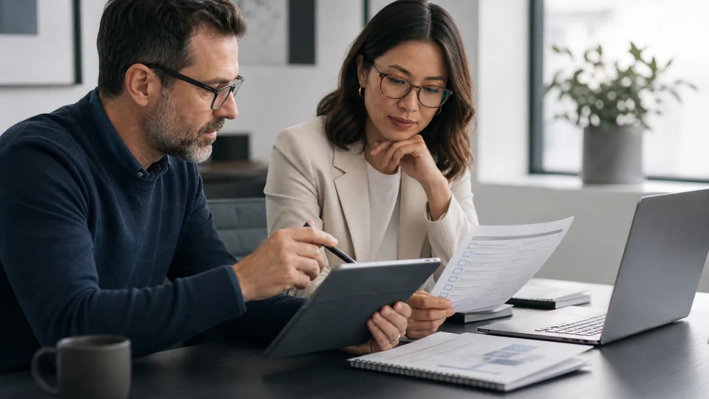 Designer and agency account lead reviewing a responsive layout on a tablet
