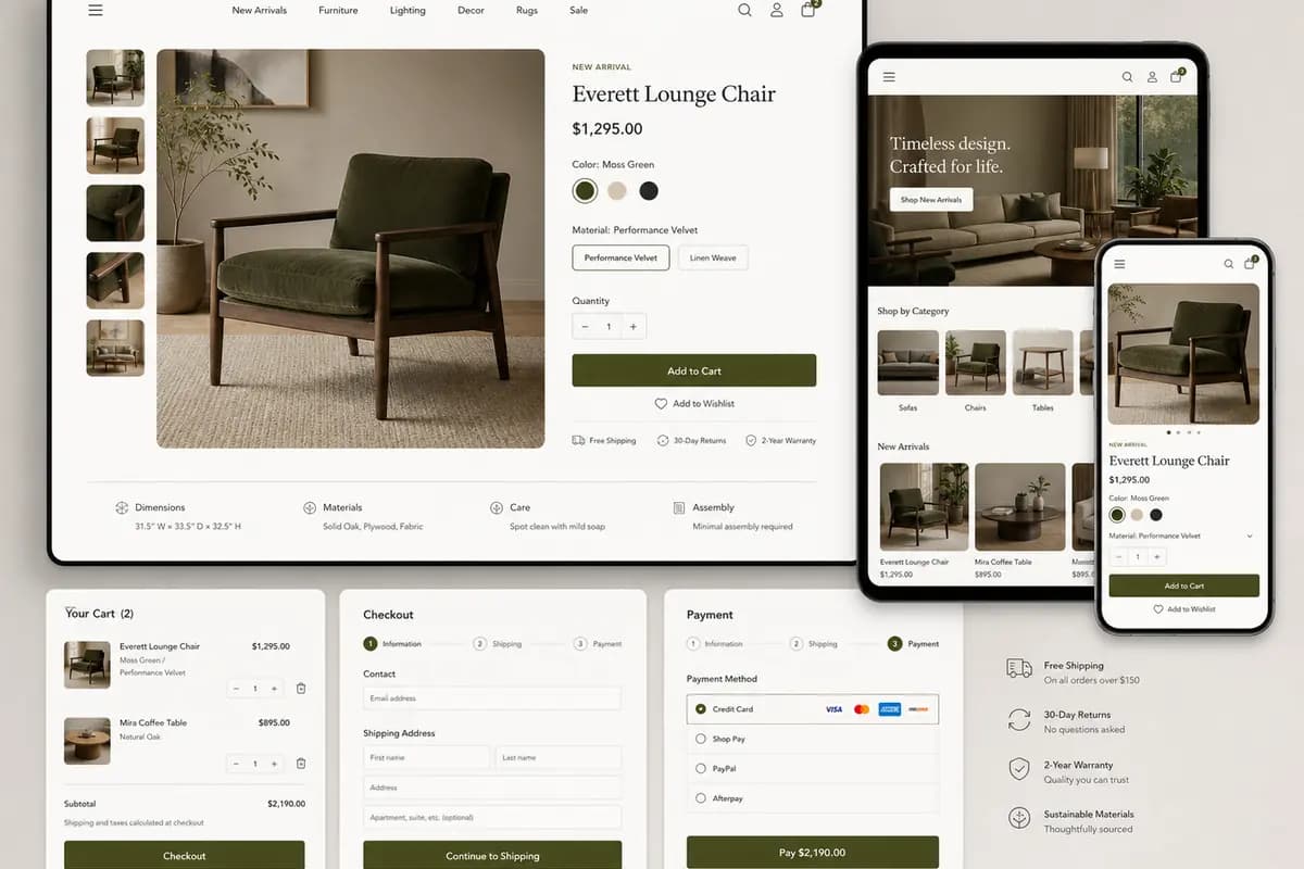 Responsive Shopify product, cart and checkout experience for a premium furniture store