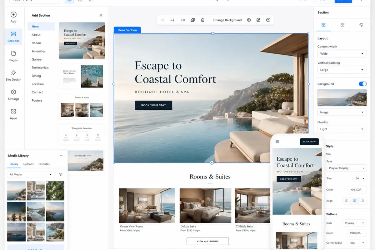 Wix visual website editor showing a responsive hospitality website