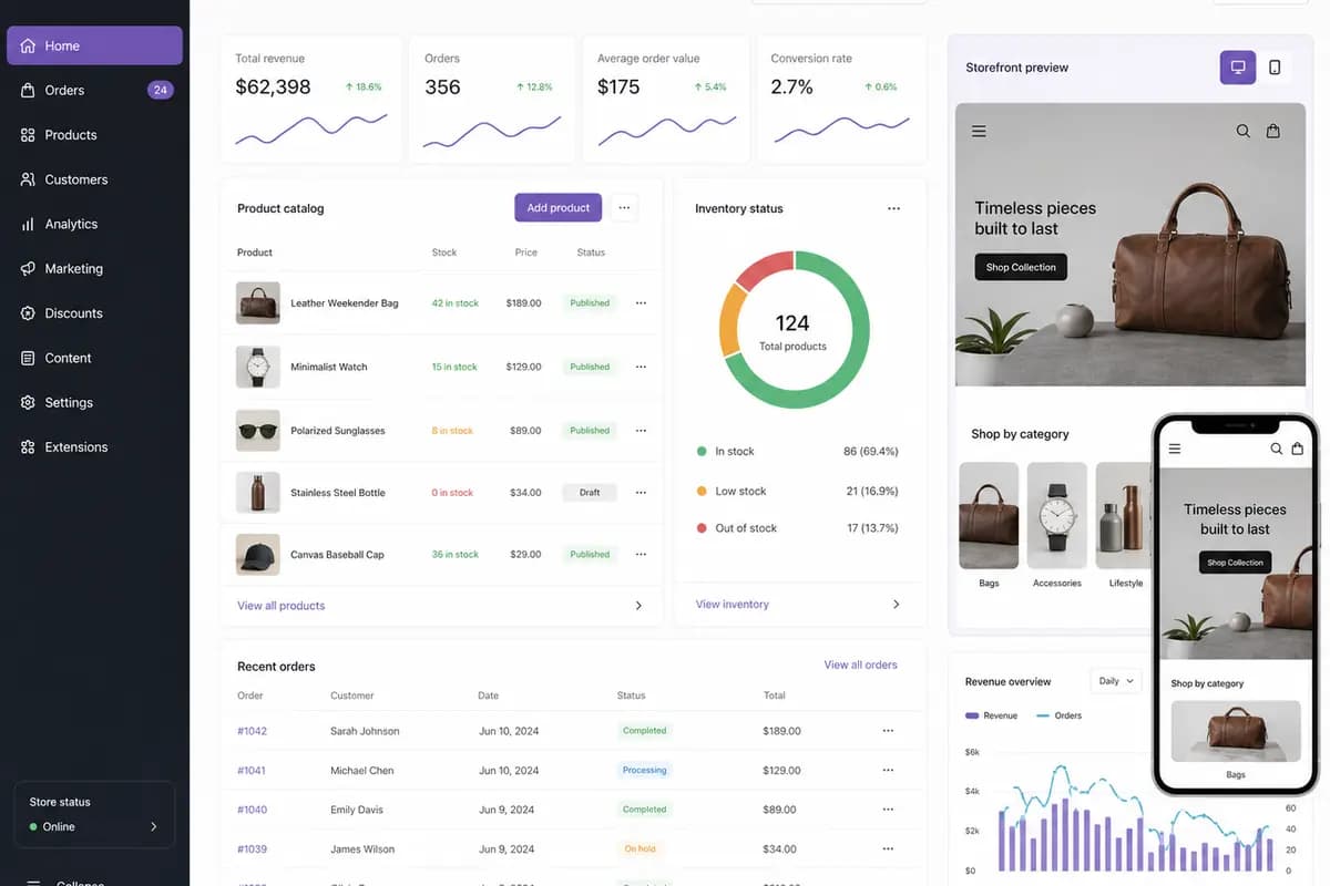 WooCommerce catalogue, inventory and order management workspace with responsive storefront previews