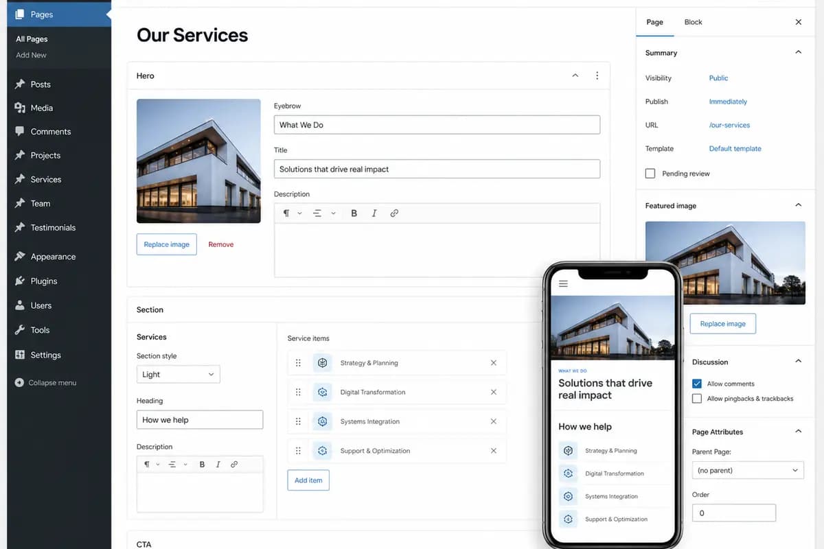 Responsive content management workspace for a professional WordPress website