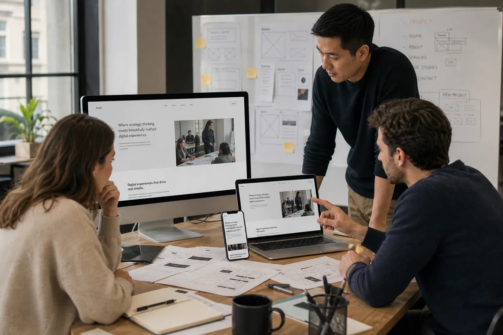 Webflow Development workspace showing component systems across responsive desktop, tablet and mobile screens