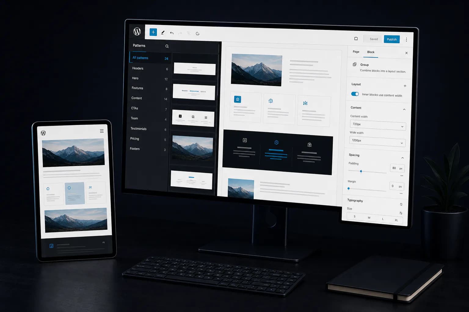 WordPress Gutenberg pattern library and responsive page preview in a premium content design workspace