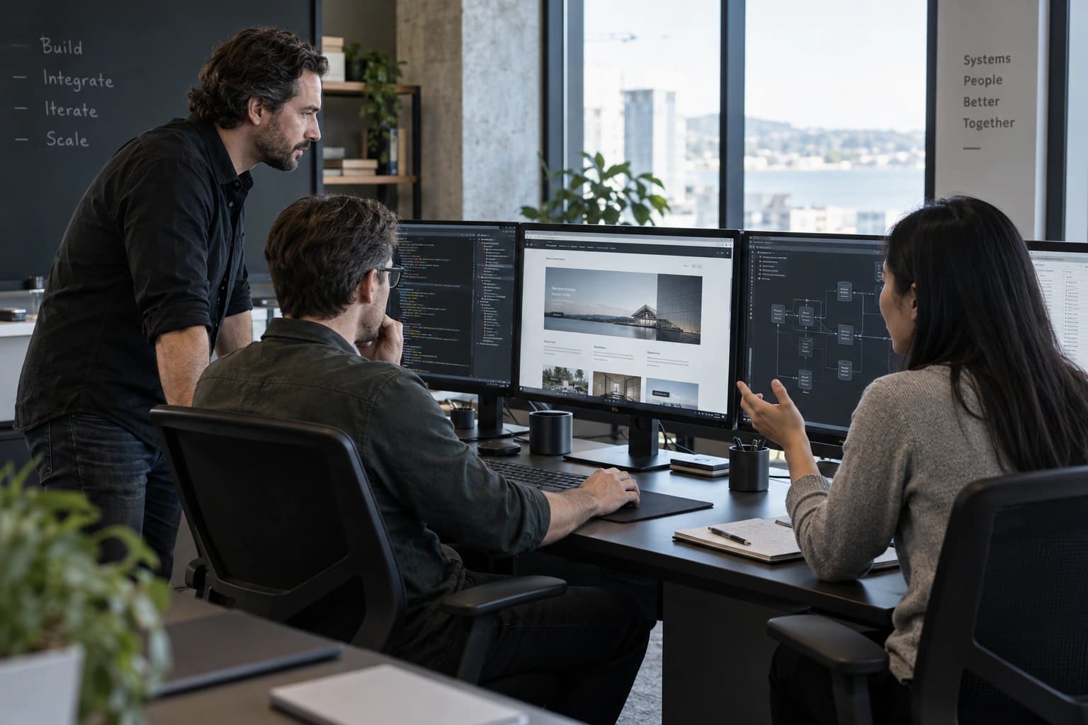 Software engineers reviewing a working website, code and system integration map during development