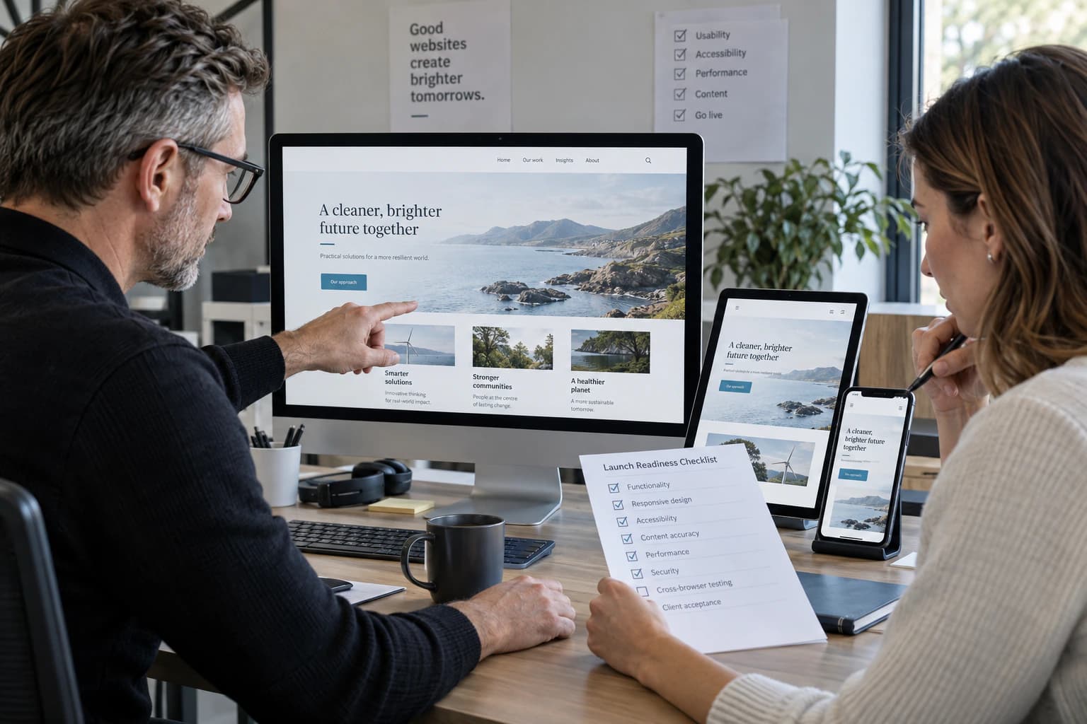 Quality assurance specialist and client reviewer testing one website across desktop, tablet and phone