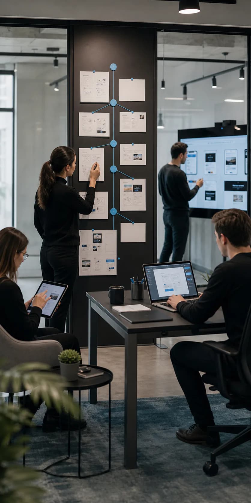 Digital agency team working through website planning, interface design, development and testing
