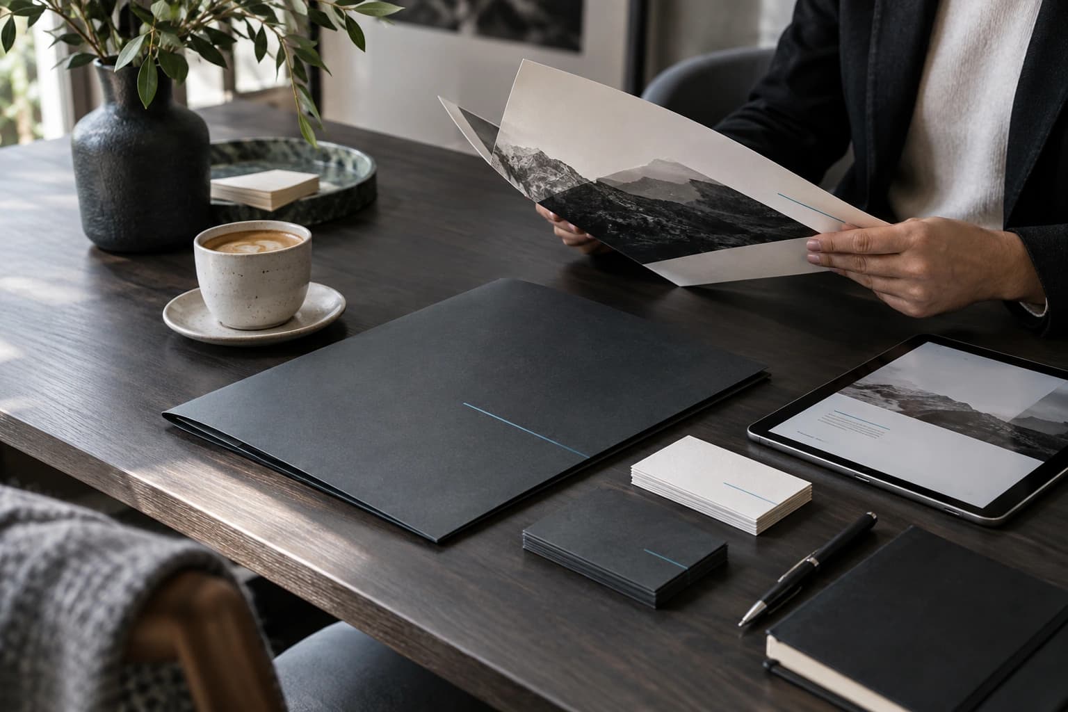 Coordinated brochure, stationery and tablet layout arranged as brand applications