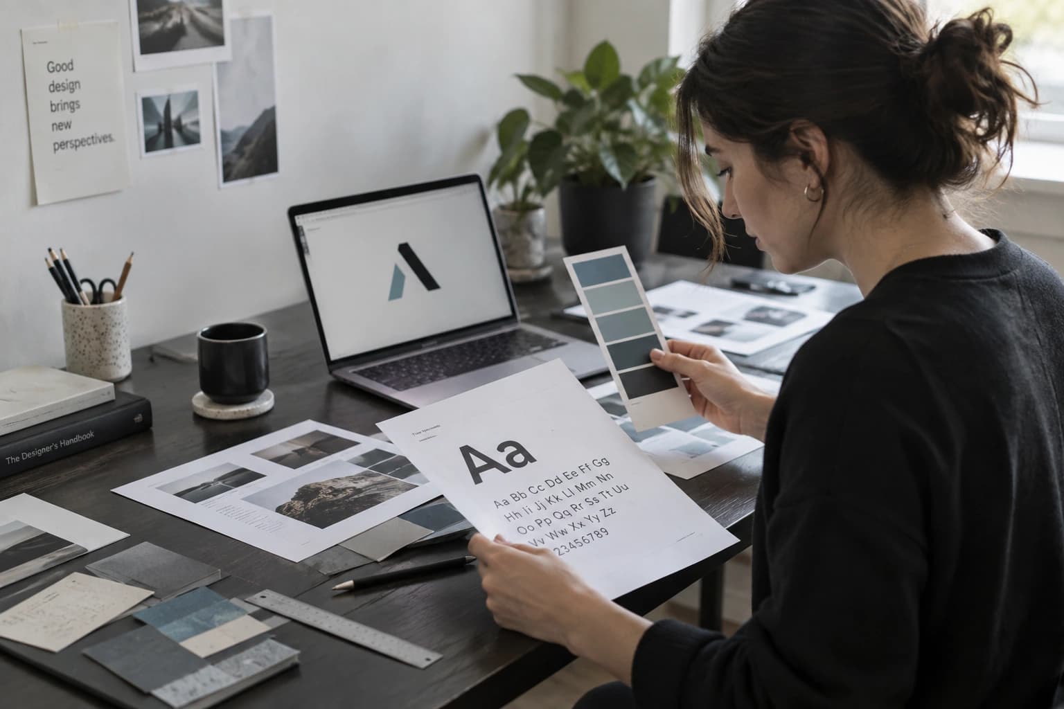 Graphic designer checking typography specimens and color swatches at a desk