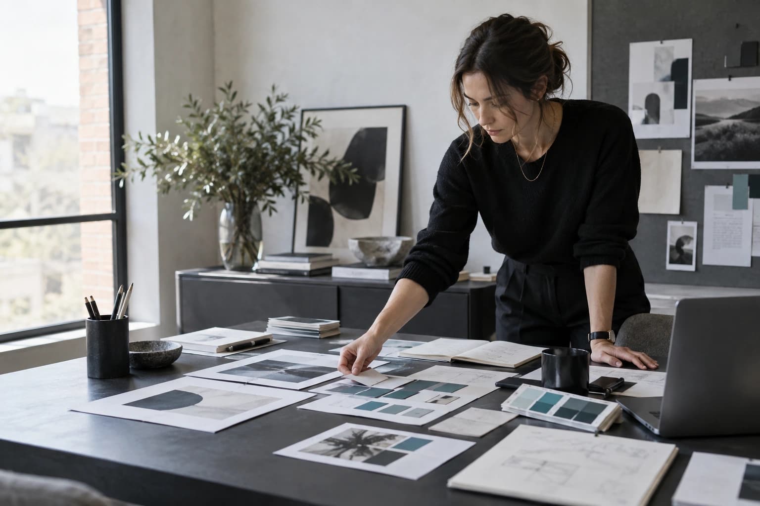 Brand designer presenting visual identity proofs and color swatches