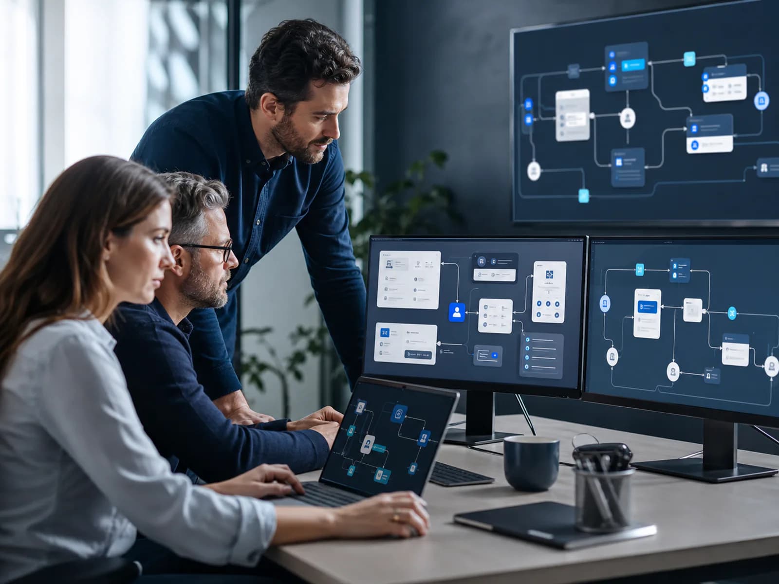 Technical team planning secure API integrations and automated data flows for a business website