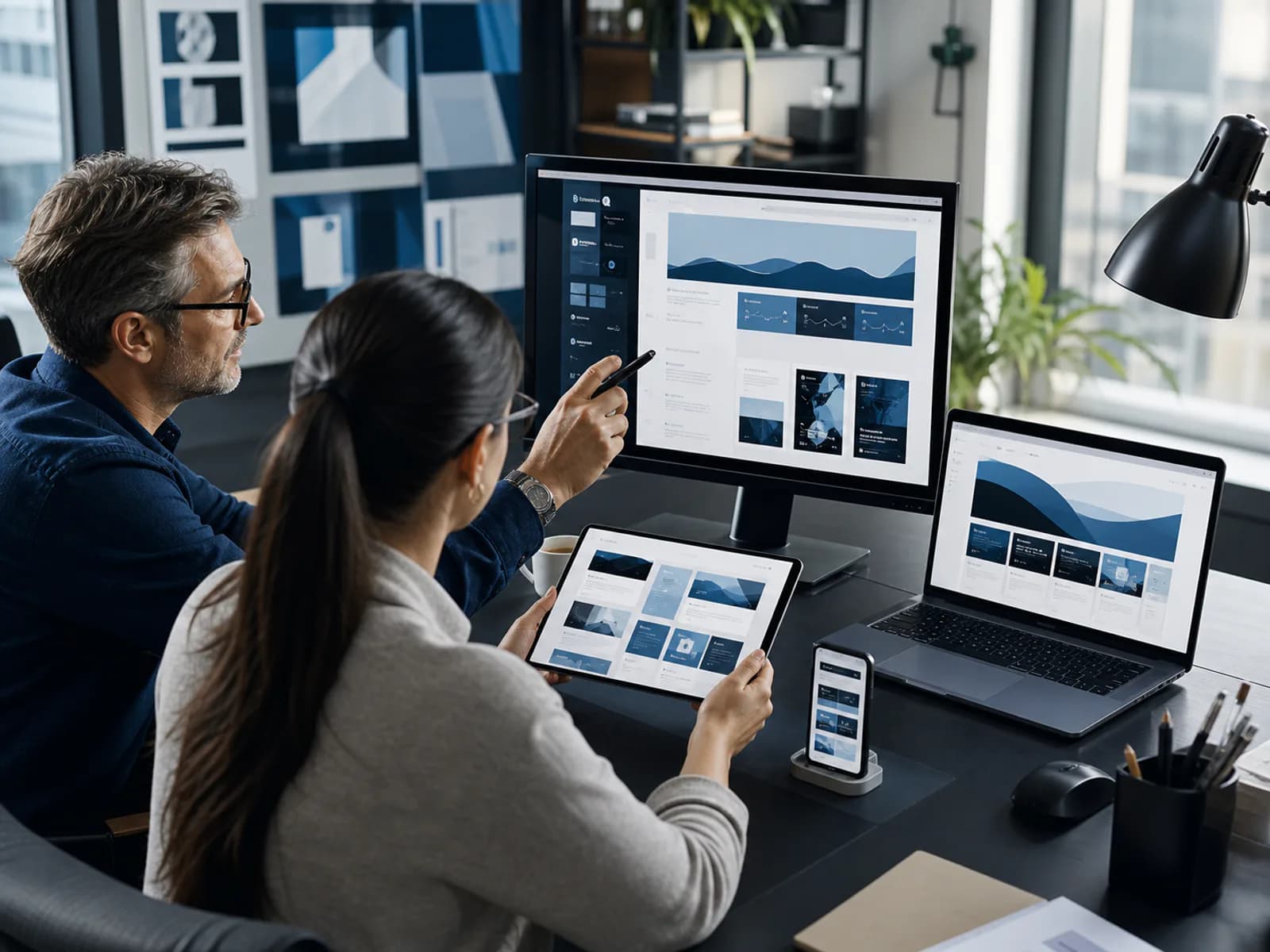 Developers testing a scalable responsive website across desktop tablet and mobile devices