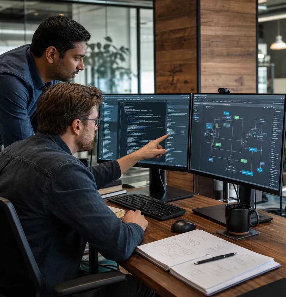 Engineers reviewing code for a custom web platform