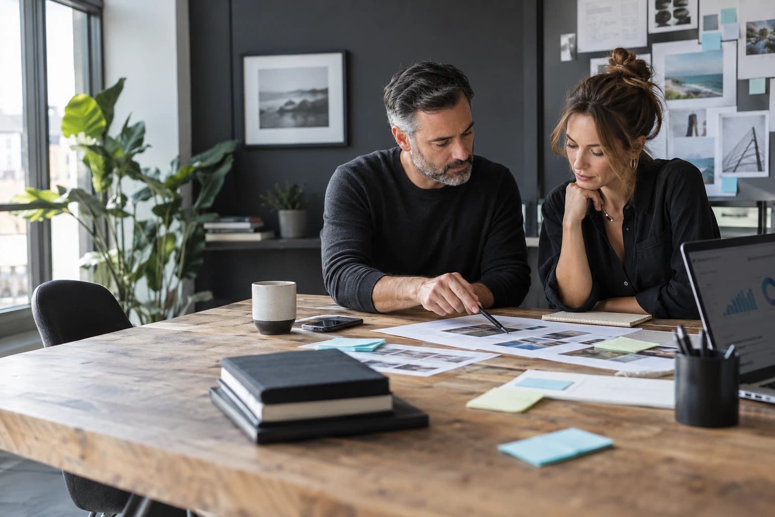 Marketing strategists mapping customer journeys with campaign briefs at a studio table